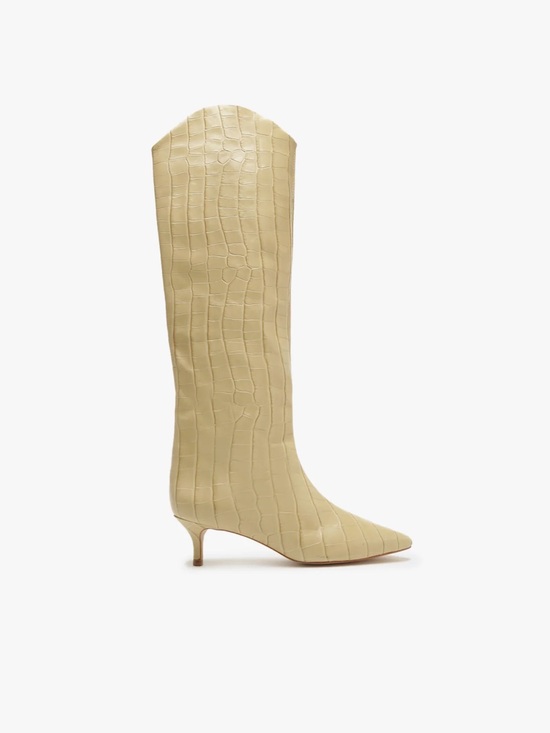 Shutz Shoes - Knee-High Croc-Embossed Kitten Heel Boot in Cream